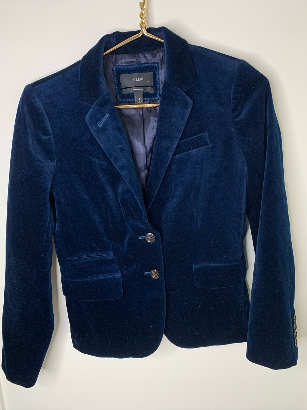 J. Crew blazer Velvet sz 0 “Schoolboy” deep navy 2 button